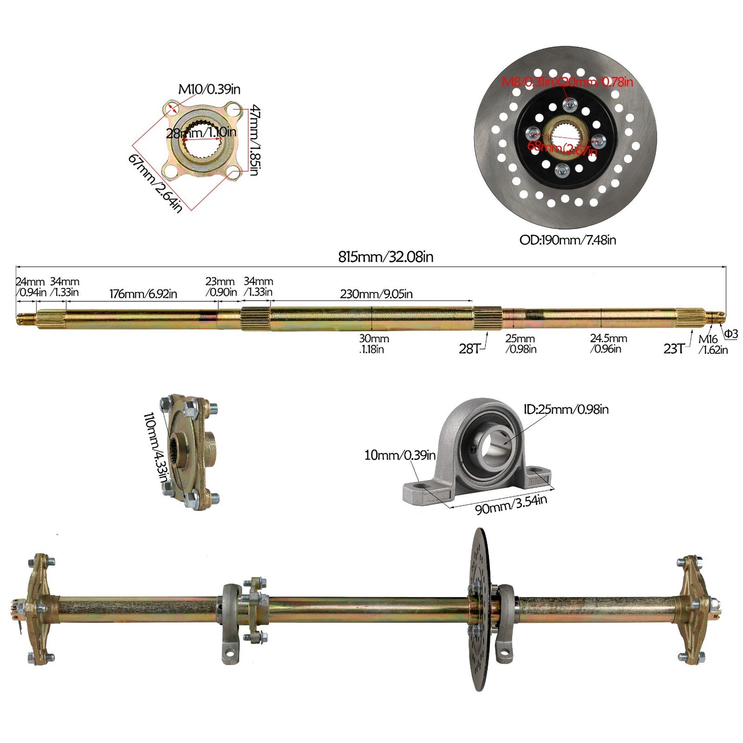 32-inch go-kart rear axle kit wheels for snow tracks suitable for all-terrain vehicles, off-road vehicles, and four-wheeled vehicles.
