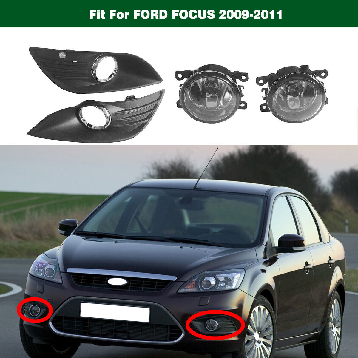 Pair Front Bumper Fog Lights Lamps w/ Cover Bezel Trim for Ford Focus 2009-2011