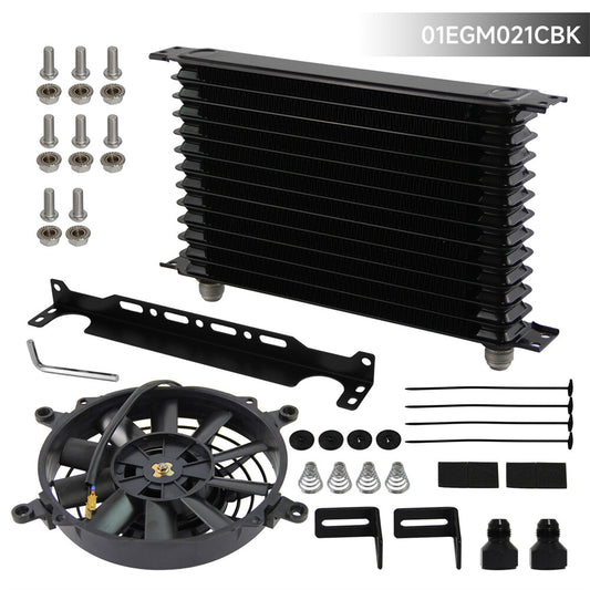Universal 13 Row AN10 Engine Oil Cooler w/AN10 To AN8 Fittings + 7 Electric Fan