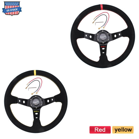 US 14inch 345mm Deep Dish 93mm Drifting Racing Steering Wheel Suede Leather