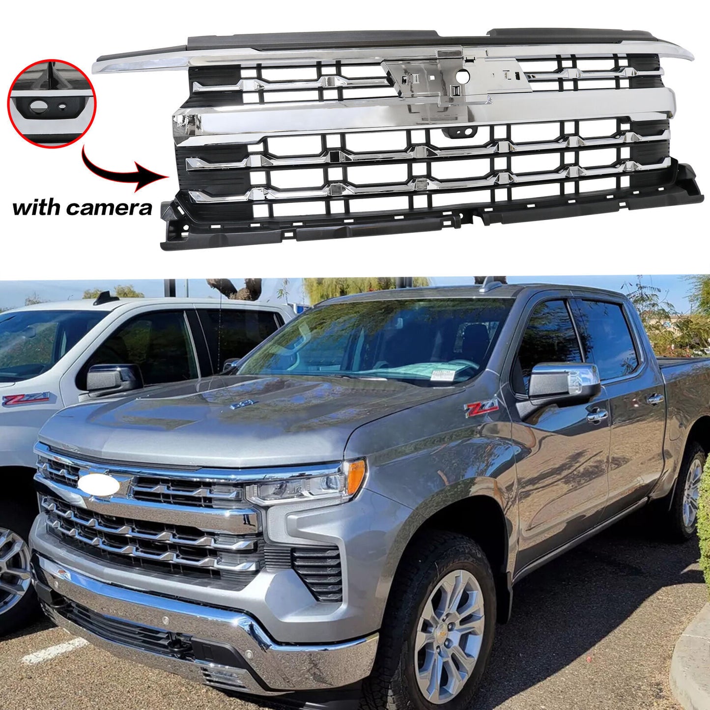 Front Upper Grille W/ Camera For 2022 2023 2024 for Chevy Silverado 1500