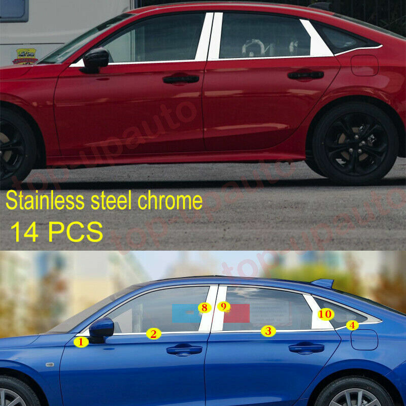 14x for Honda for Civic 2022-23 Chrome Steel bottomPillar Window Molding Cover Trim