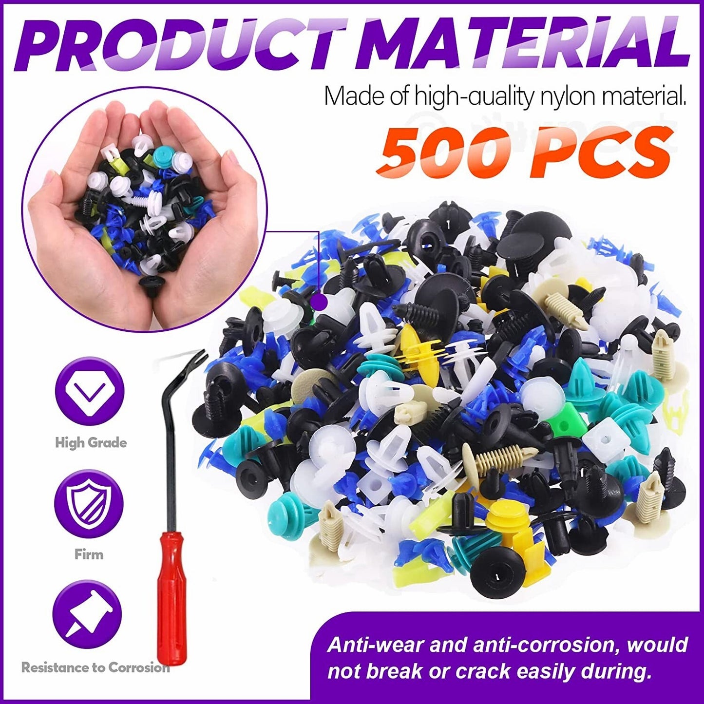 500-piece pack of car body trim clips, mudguard fasteners, and plastic fasteners for automotive panels.