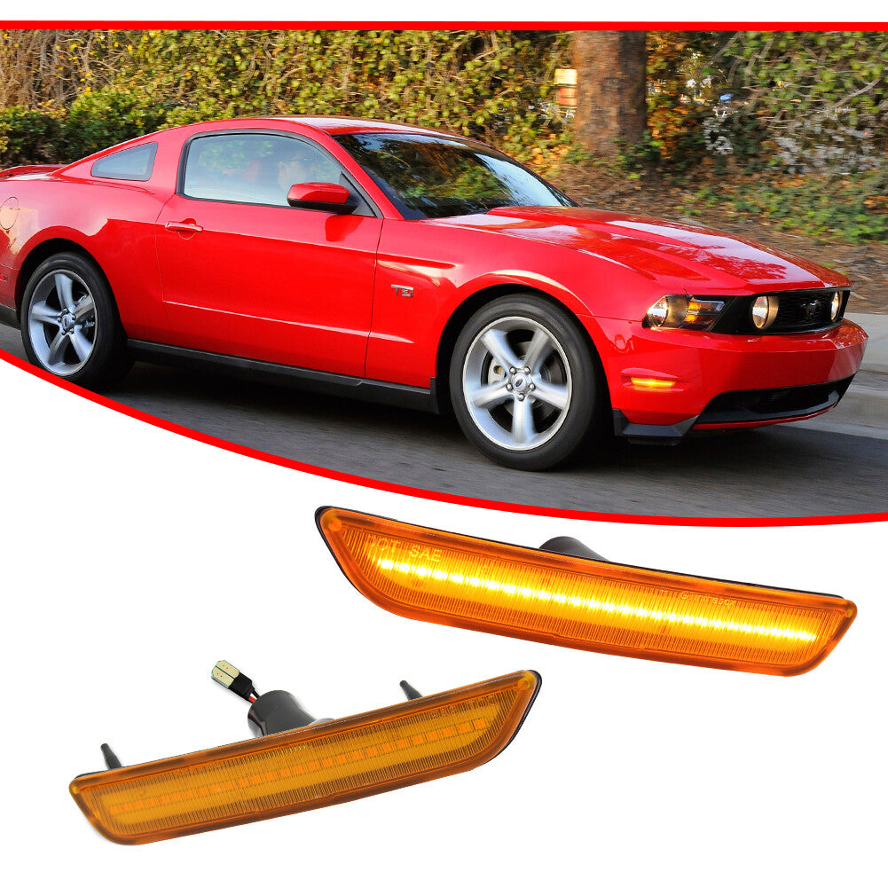 A pair of amber-tinted front side marker lights with amber lenses for 2010-2014 for Ford Mustangs.