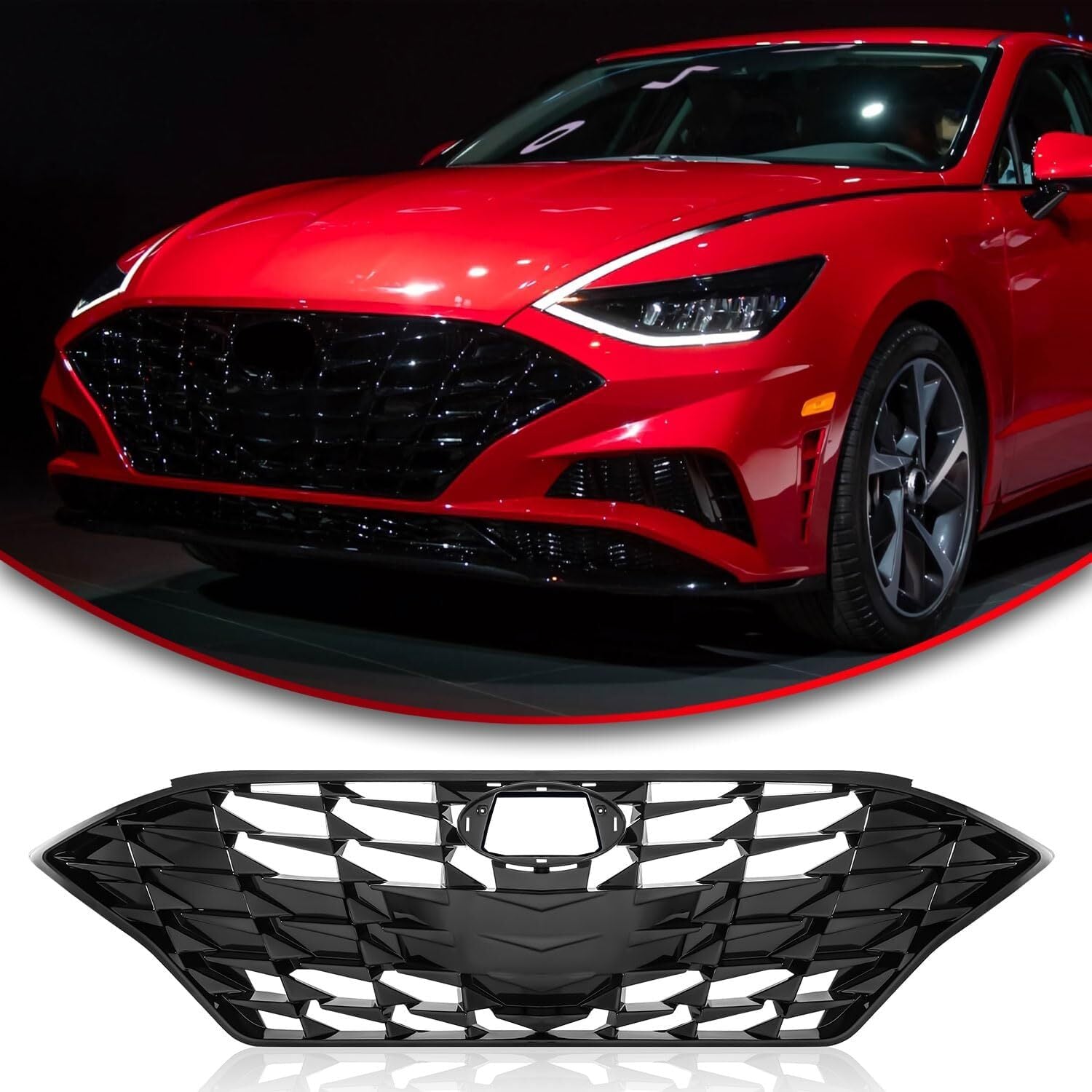 Front Upper Grille W/O Sensor Hole for Hyundai Sonata 2020-2023 Gloss Black