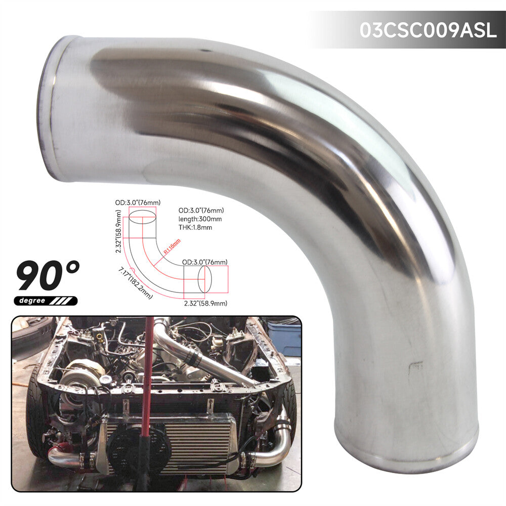 90 Degree 76mm 3 Aluminum Intercooler Intake Pipe Piping Tube Hose Silver