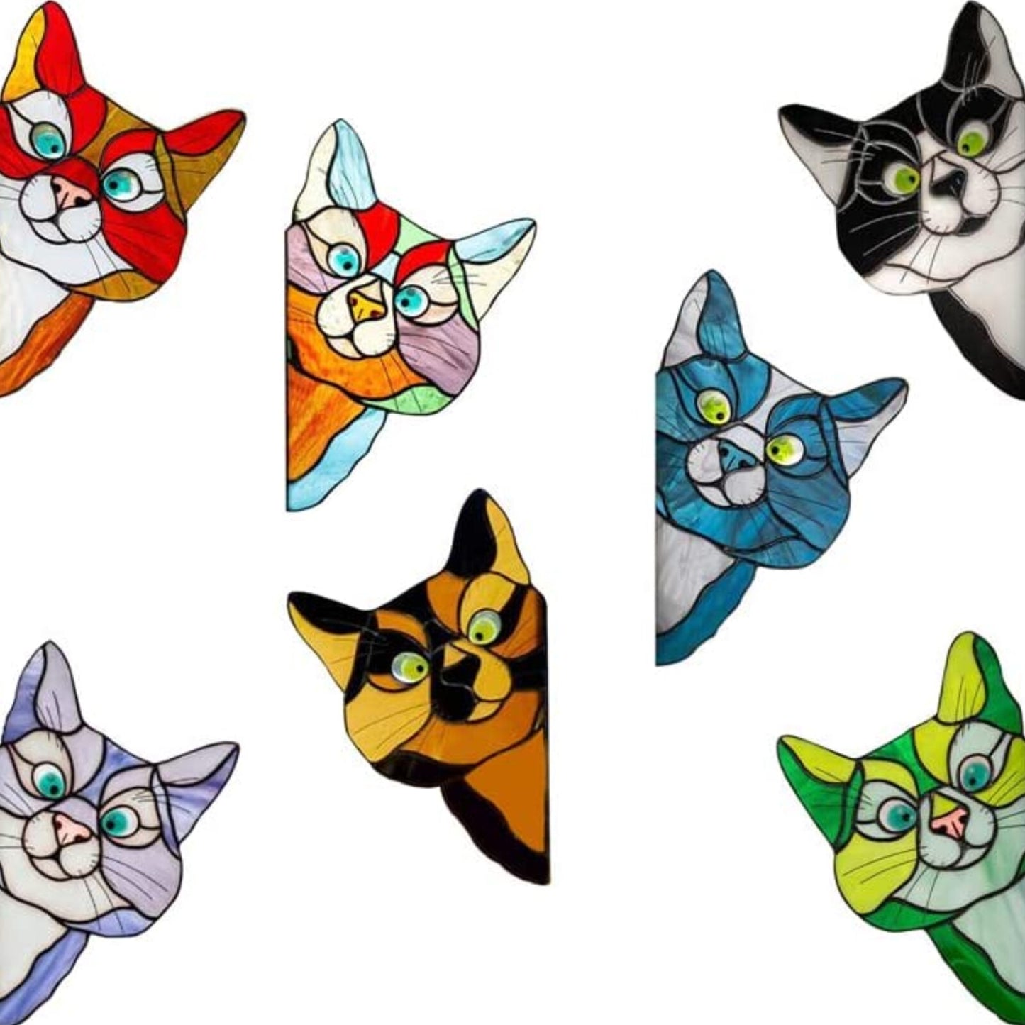 7Pcs Stained Glass Cat Face Peering Decal Sticker Car Bumper Window Door DIY
