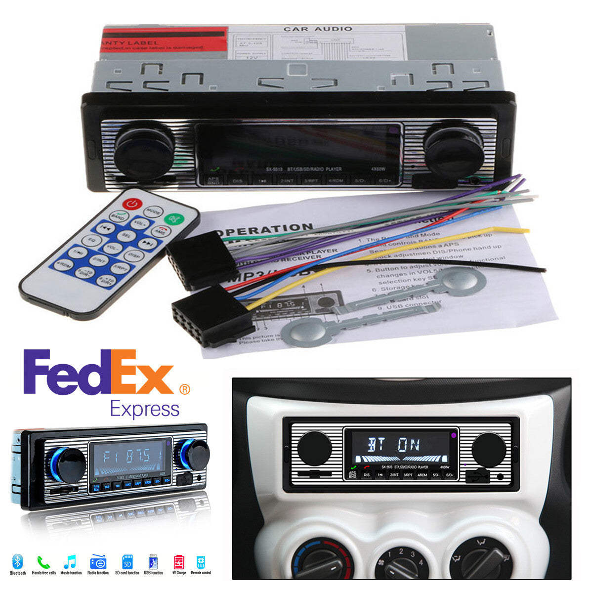 1x 4-channel In-Dash Car Bluetooth Stereo Aux USB/SD/FM/WMA/MP3/WAV Radio Player