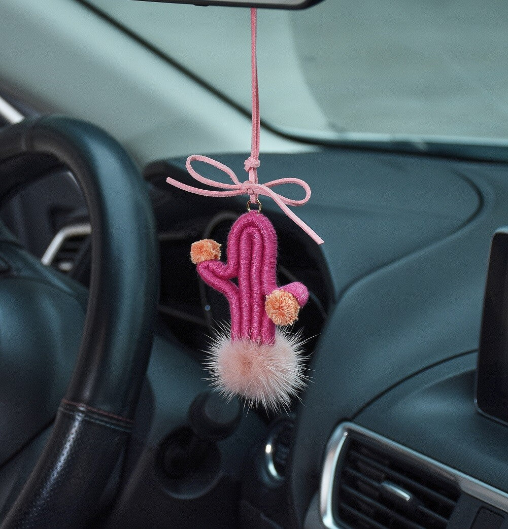 Pink Cactus Car Rearview Mirror Ornament Hanging Cute Crochet Succulent Plant