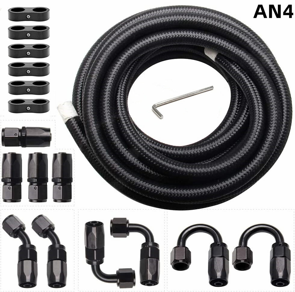 20-foot 4AN black nylon and stainless steel braided fuel hose fuel line