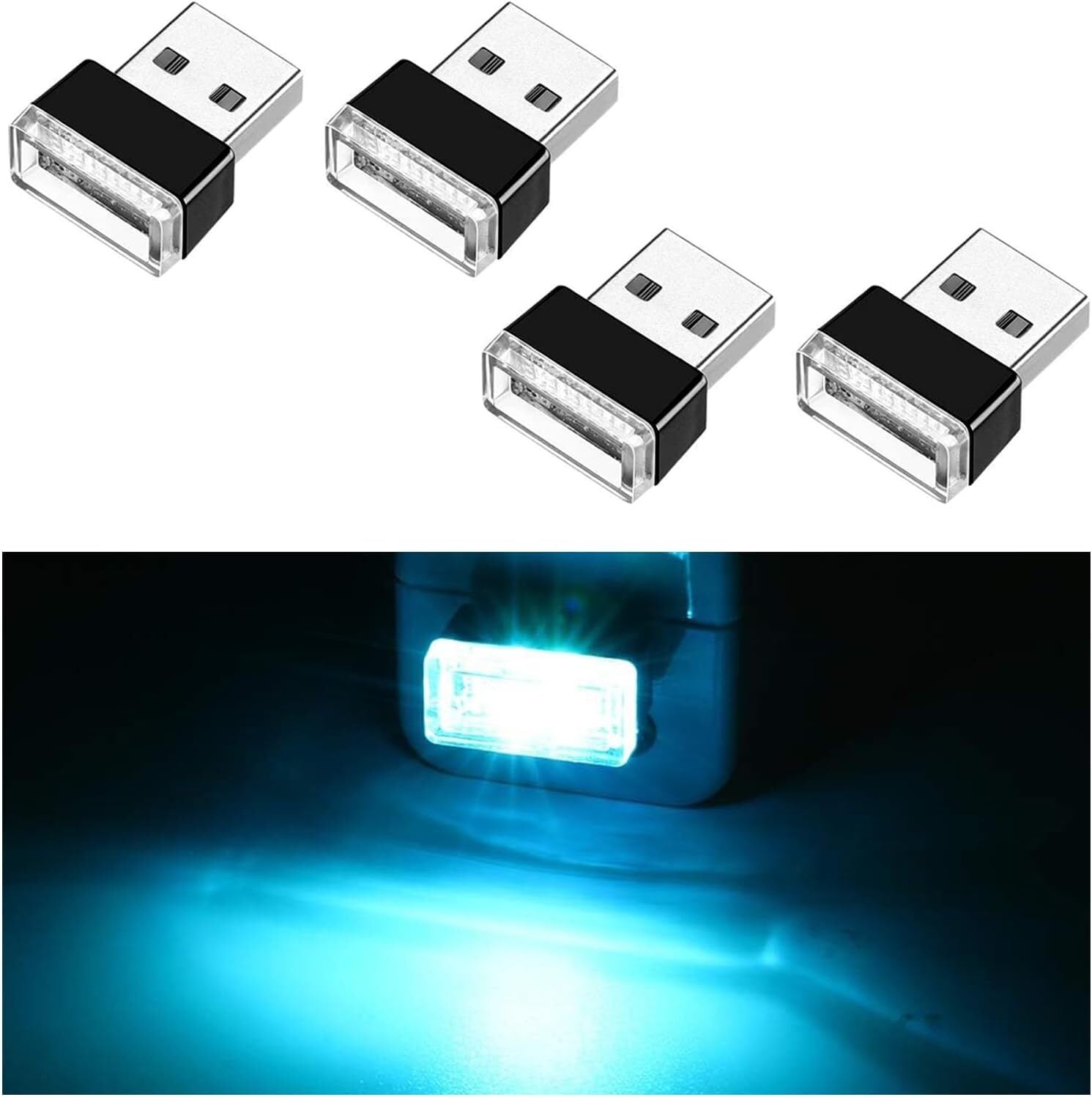 4Pcs USB LED Car Interior Light Neon Atmosphere Ambient Lamp Bulb Ice Blue Light