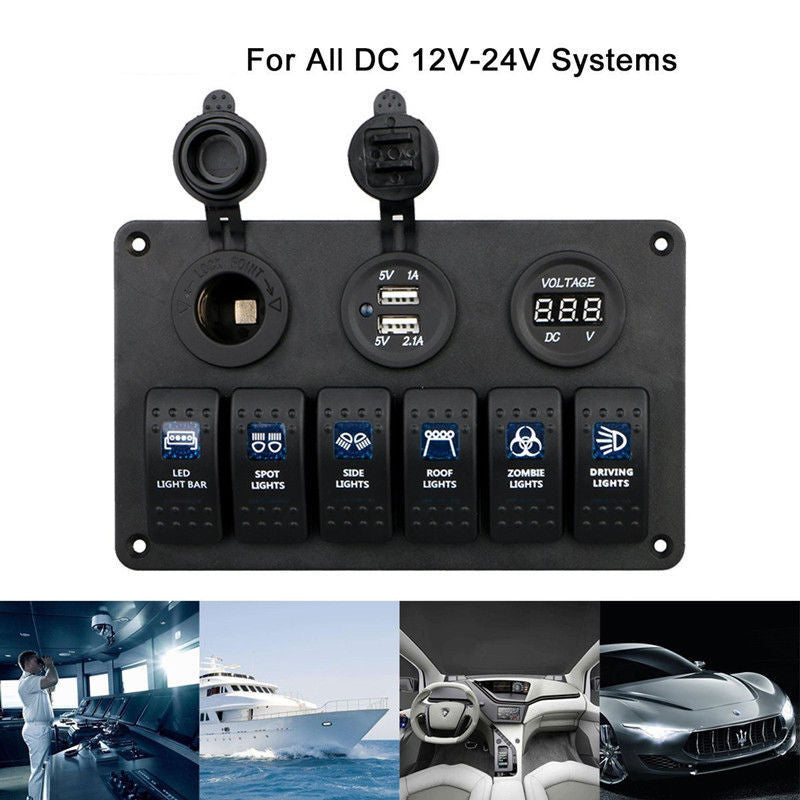 Dual USB Socket Red Voltmeter 12V Car Boat 6 Gang Button Panel Cigarette Lighter