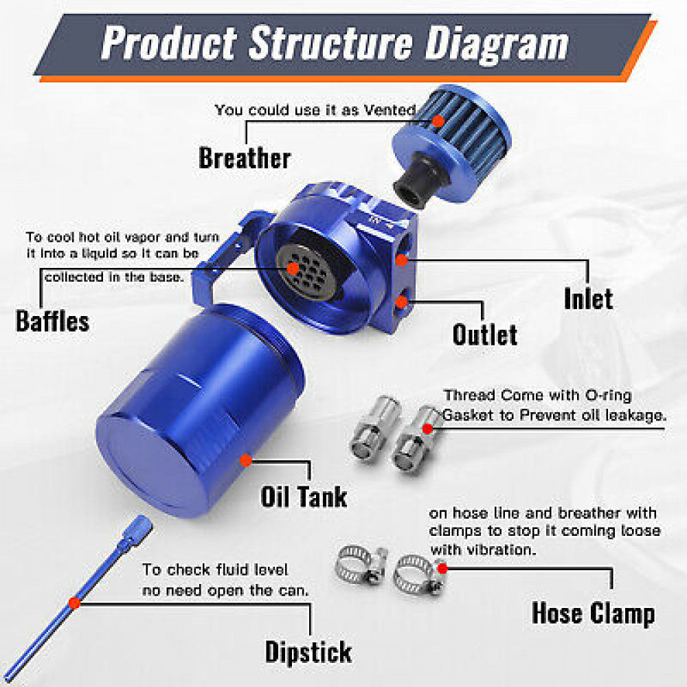 Aluminum Blue 300ML Oil Catch Can Kit Reservoir Tank Universal Breather Baffled