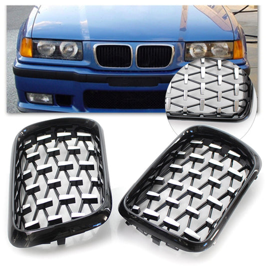 Front Grill Latest Style Shiny Black Frame Diamond Fits for BMW E36 3 Series 1997-99