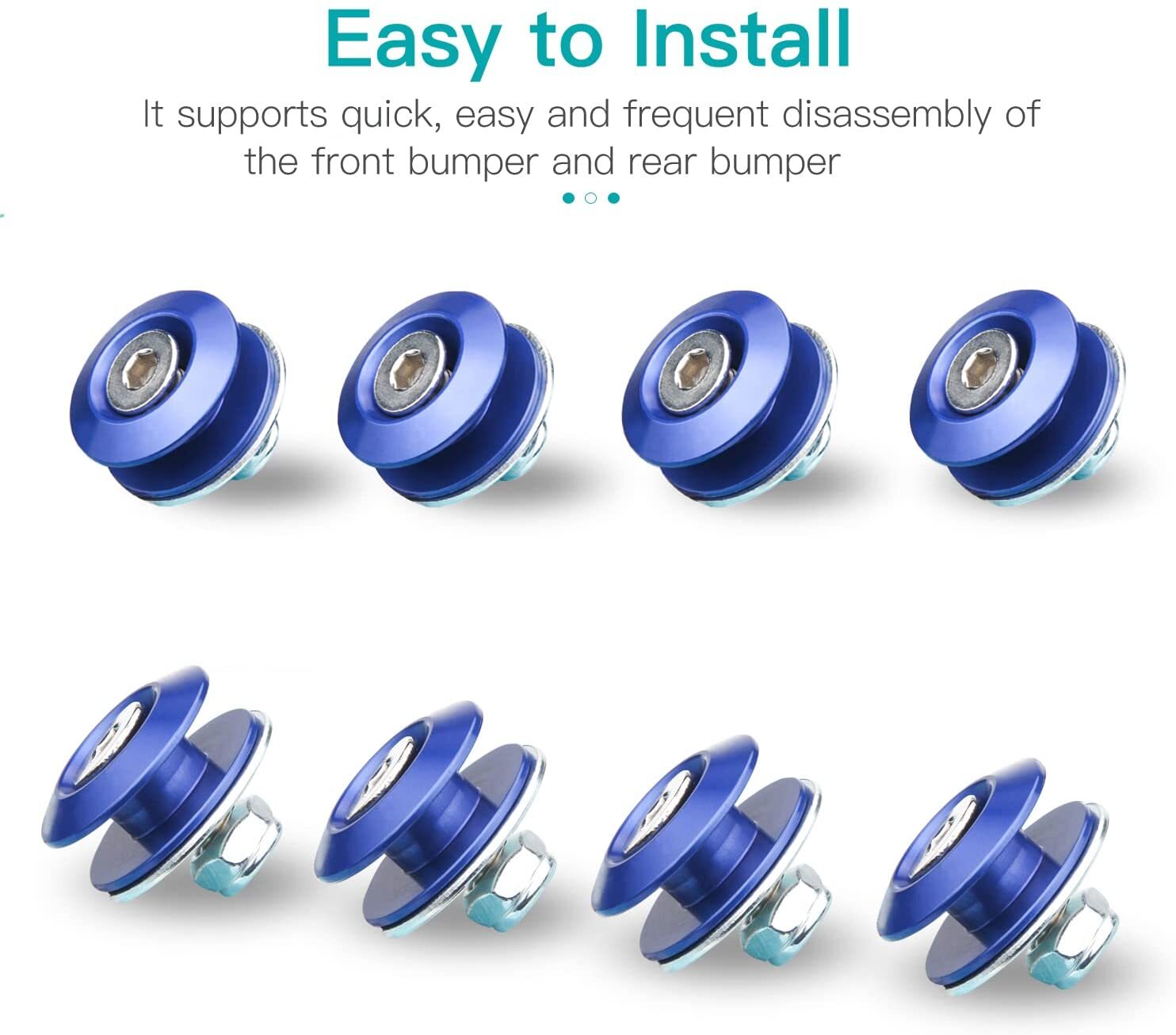 Blue aluminum quick-release fastener kit for car bumpers and trunk hatches (8 pieces)