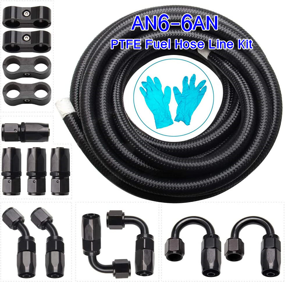 6AN - 6AN 20ft Black Nylon E85 PTFE Fuel Hose Line with 10 PC Adapter Fittings