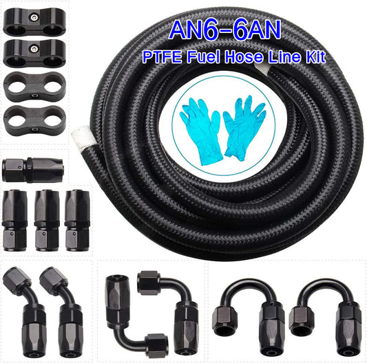 6AN - 6AN 20ft Black Nylon E85 PTFE Fuel Hose Line with 10 PC Adapter Fittings
