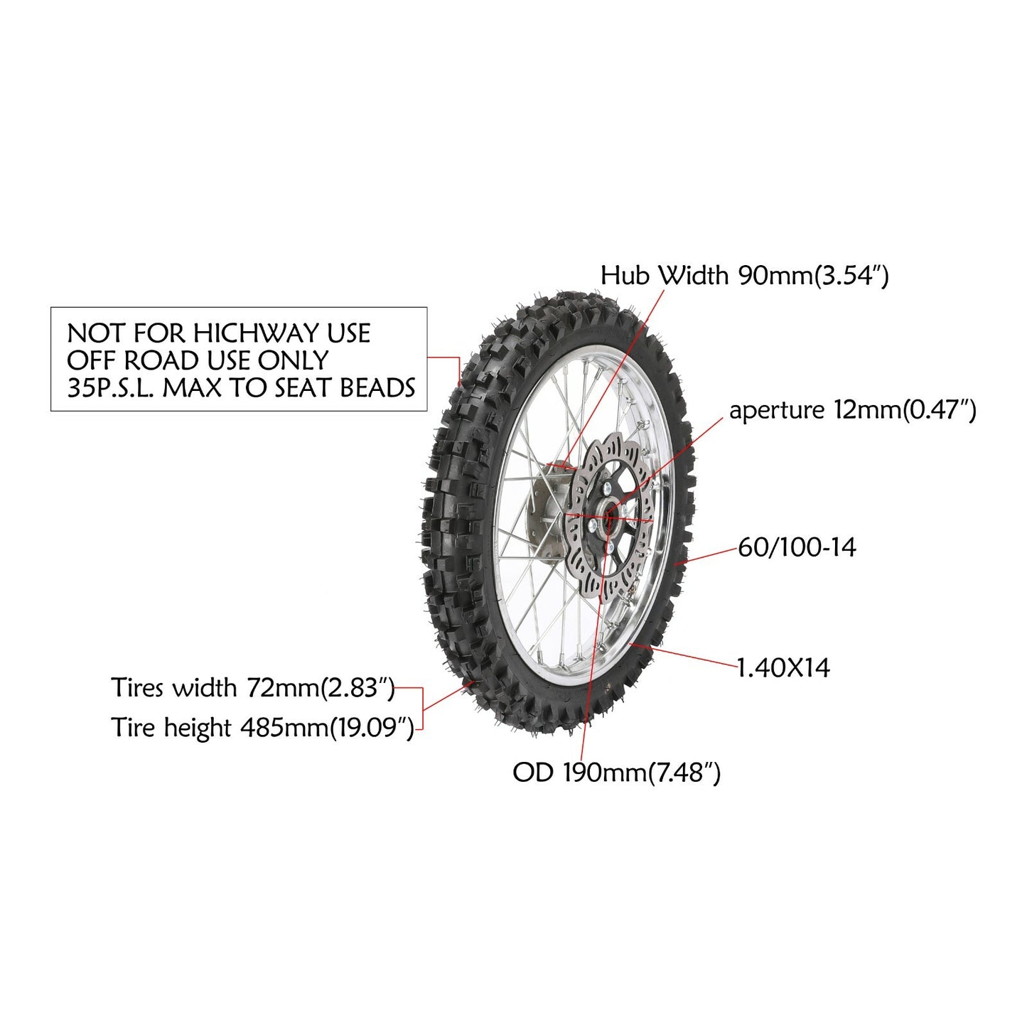 14 Front Wheel 60/100-14 Tyre Rim Brake Assembly Dirt Pit Bike 110cc 125cc KX65