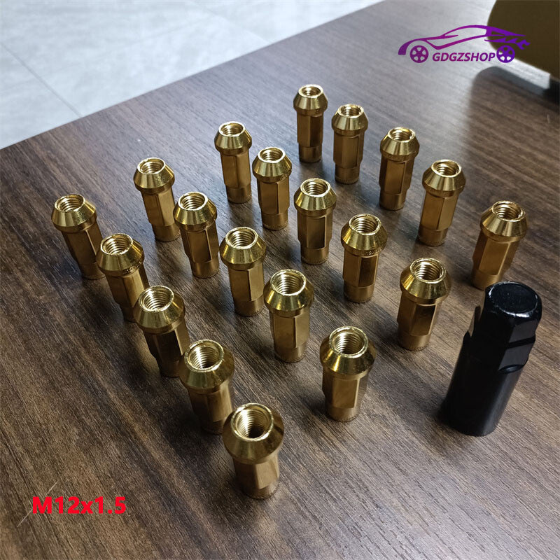 20pcs M12x1.5 Lug Nuts 48mm Steel Open End Wheel Nuts Bolts w/ Socket Key Gold