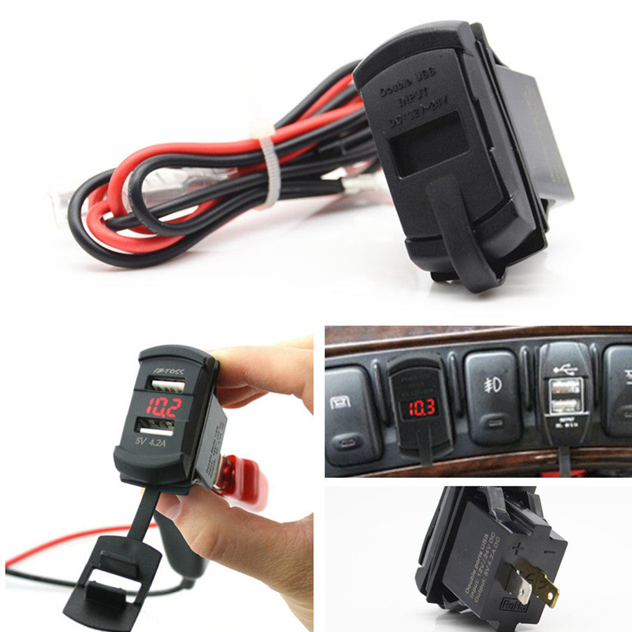12V Red LED Car Marine Boat Voltmeter Dual USB Charger Rocker Push Switch Style