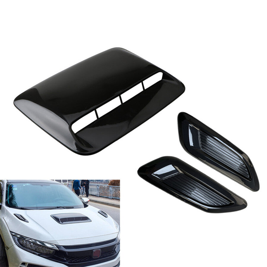 3pcs Glossy Black Car Decorative Hood Scoop Air Vent Bonnet Cover Trim Universal