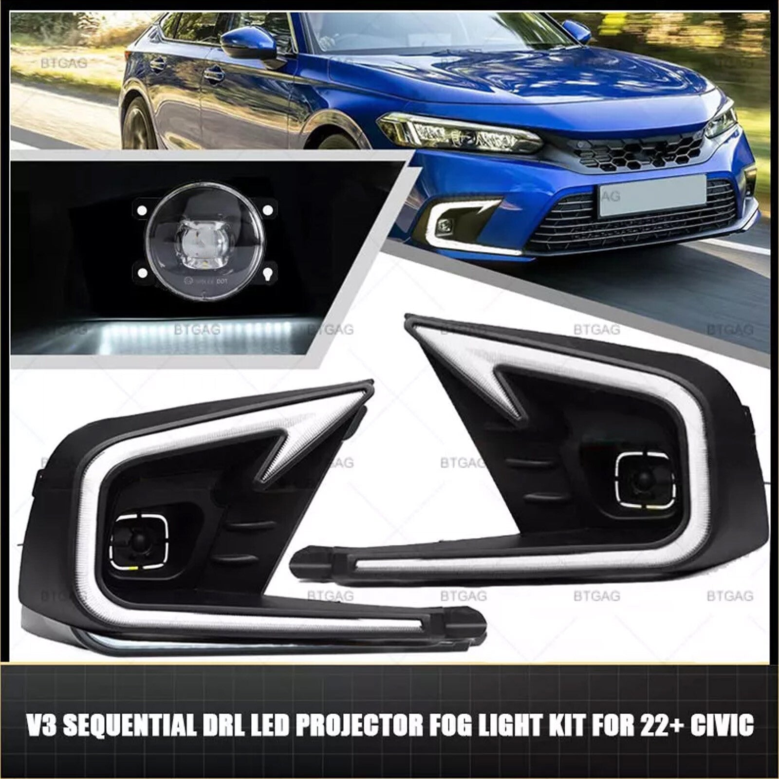 For 2022-2024 for Honda for Civic DRL LED Daytime Running Light Fog Light Kits Pair NenE