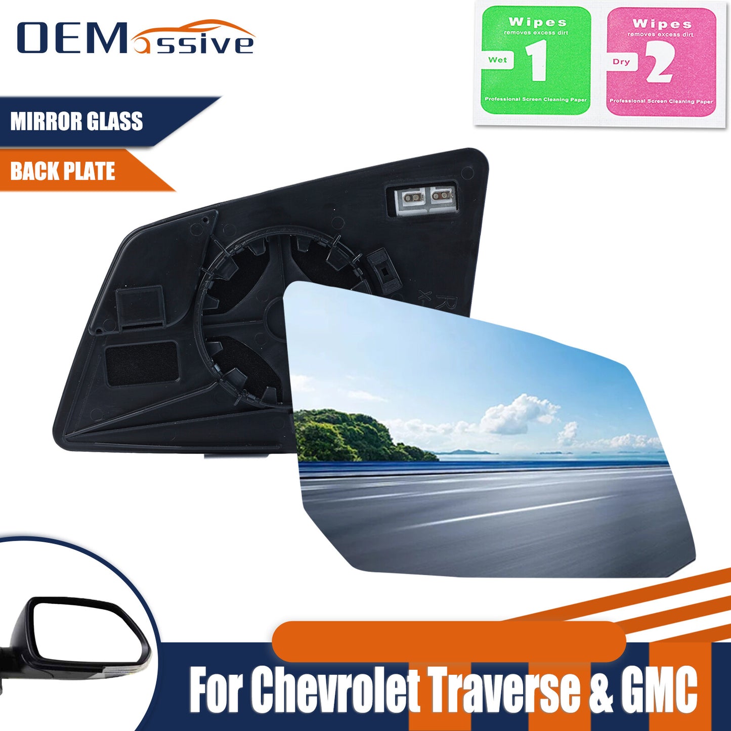 Passenger Side Heated Mirror Glass for Chevrolet Traverse 2007-2016 Back Plate