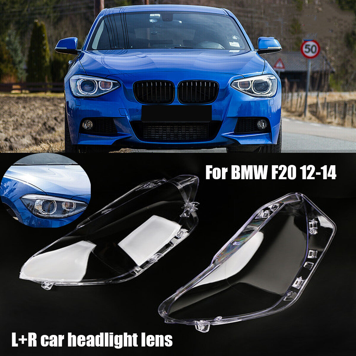 Transparent headlight lens cover replacement for left and right lenses, suitable for BMW F20 (2012-14)