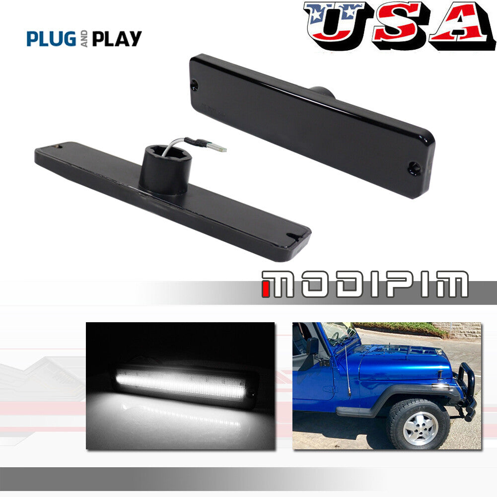 L+R Smoked White LED Front Bumper Side Marker Lights for 1987-1995 for Jeep Wranglers