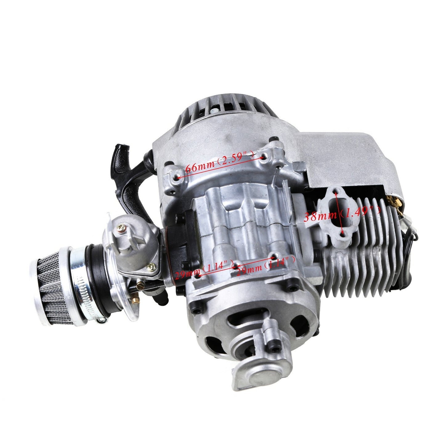 2-stroke 49cc engine motor kit exhaust suitable for all-terrain vehicles, scooters, pocket bikes, and four-wheelers.
