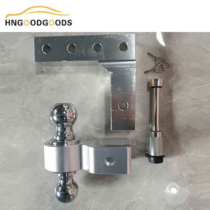 Silver adjustable trailer hook, double ball mount, fits 2-inch receiver, 6-inch drop hook.