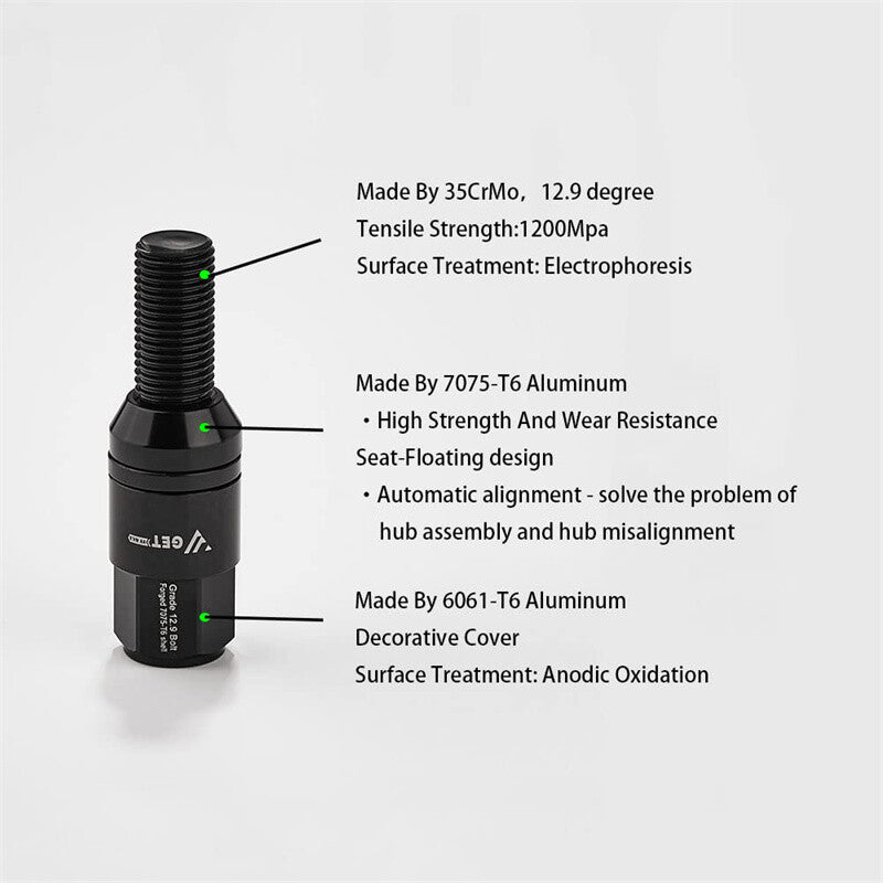 20x M14x1.5 Black Wheel Lug Bolt 28mm Shank Cone for Seat Stud for Most Aftermarket