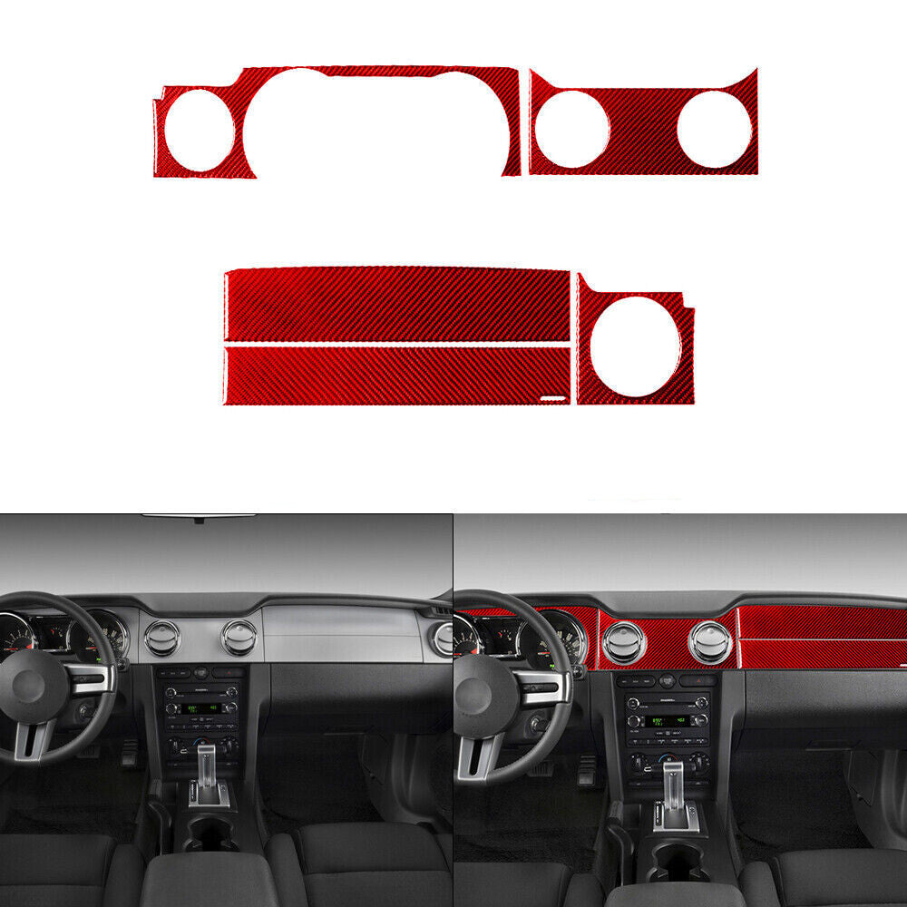 Red Carbon Fiber Console Panel Decorative Cover Trim for Ford for Mustang 2005-2009