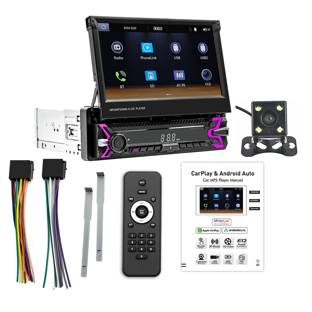Single 1Din 7in Car Stereo Bluetooth Radio For Apple Carplay Android Auto Camera