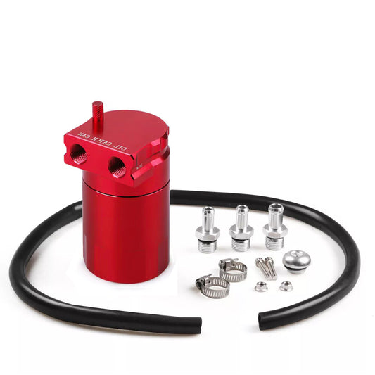 Red Universal Aluminum Baffled Oil Catch Can Tank Reservoir Breather+ Fittings