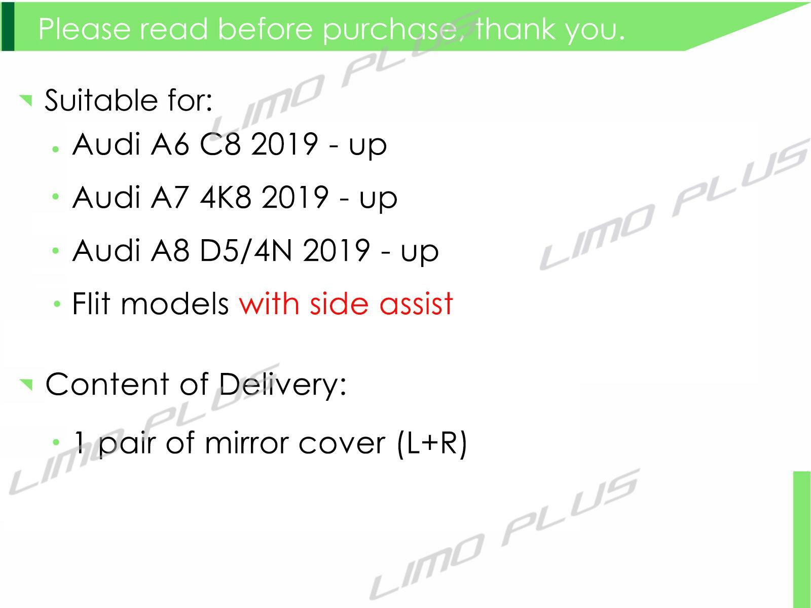Gloss black side mirror covers for Audi C8, for A6,S6, A7, S7, and for A8,with lane assist.