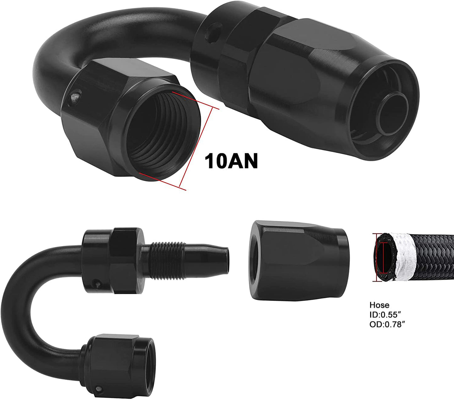 2¡ÁBlack AN8 8AN 180 Degree Swivel Hose End Fitting Adapter for Braided Fuel Line