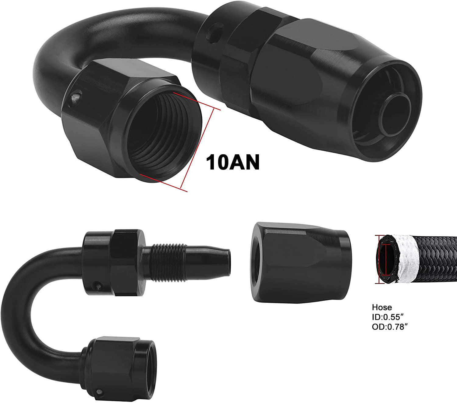 2¡ÁBlack AN8 8AN 180 Degree Swivel Hose End Fitting Adapter for Braided Fuel Line