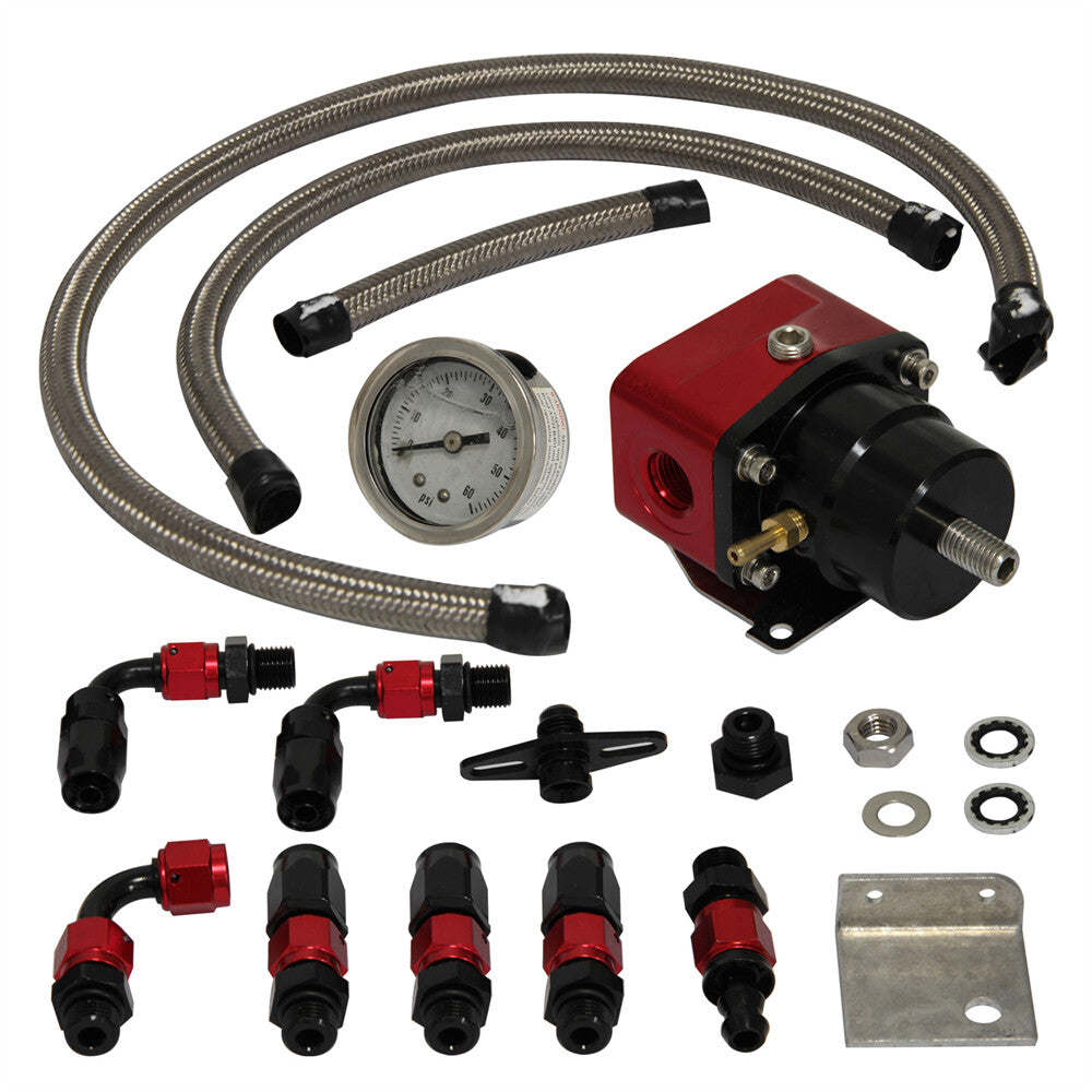 Adjustable Fuel Pressure Regulator Kit Gas / Oil Gauge AN6 Line Hoses Black
