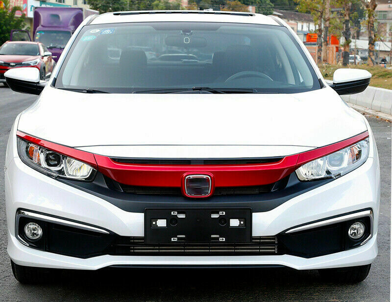 for Honda for Civic 2016-2021 Glossy Red Front Bumper Hood Mesh Grill Grille Strips