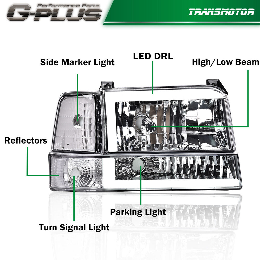 Headlights suitable for 1992-1996 for Ford F150, F250, and F350 with dual LED DRLs and chrome bumper lights.