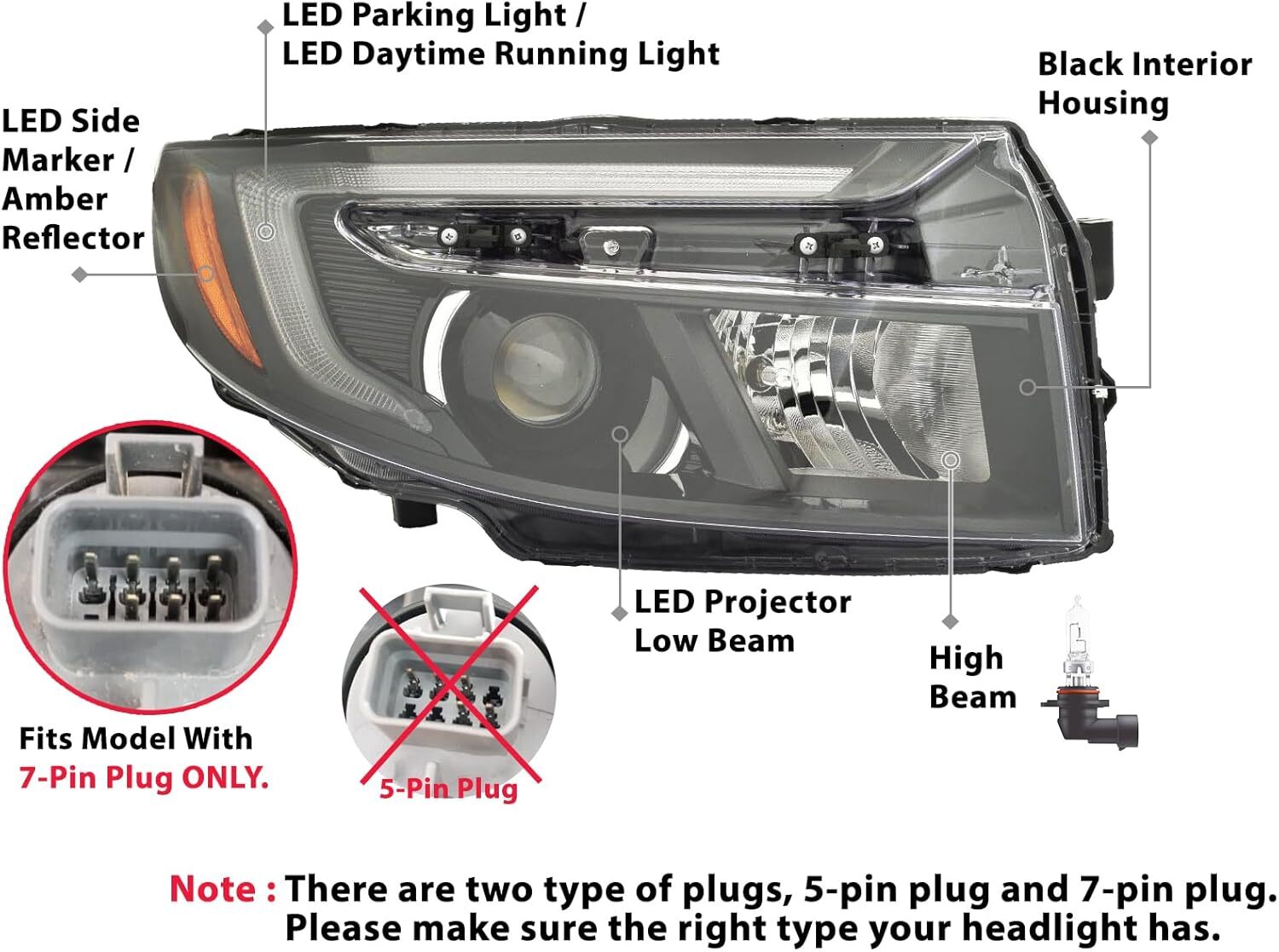 Headlight W/ 7-Pin Plug for Honda Ridgeline Passport 2021-2023 Left RH Passenger