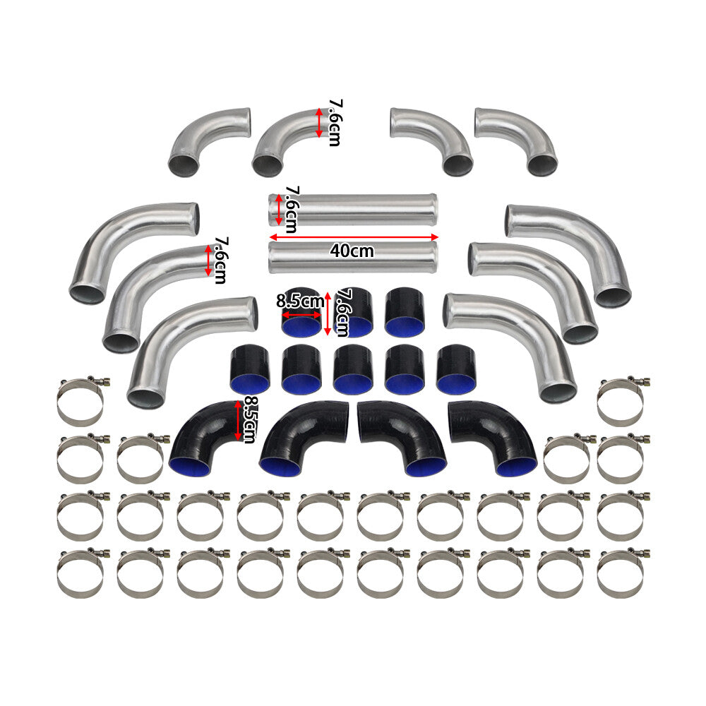 3 Intercooler Piping U-Pipe Kit Aluminum W/CouplerT-Clamps Universal Blk+Blue