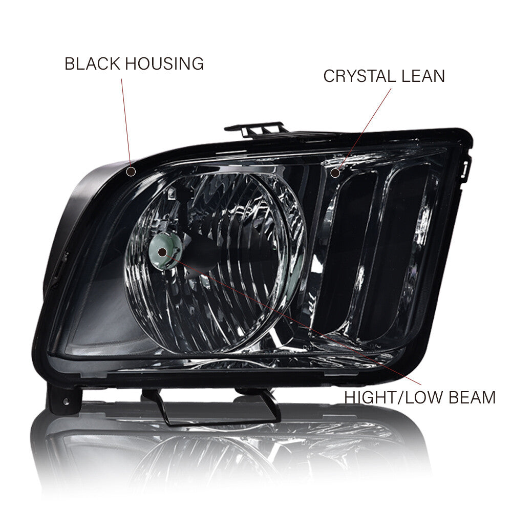 Replacement headlights (left/right, smoke/black) for 2005-2009 for Ford Mustangs.