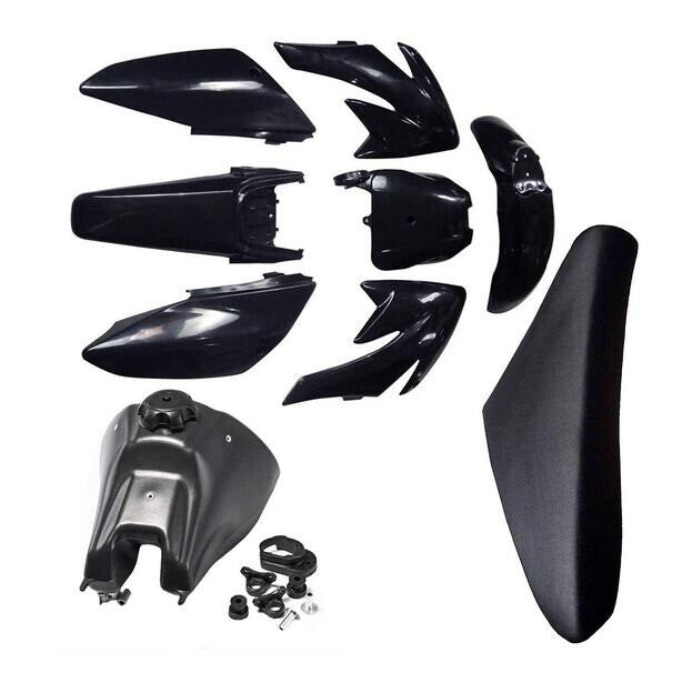 Plastic fairing kit, fuel tank, and for seat for CRF70 XR70 off-road bikes, 140cc and 150cc.