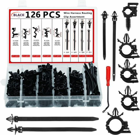 126-piece pack of automotive wire harness clips, categorized for general automotive applications.