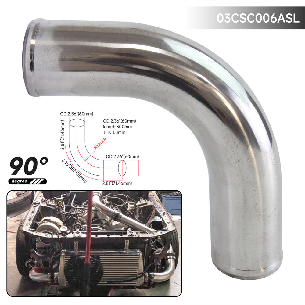 90 Degree 60mm 2.36 Aluminum Intercooler Intake Pipe Piping Tube Hose Silver