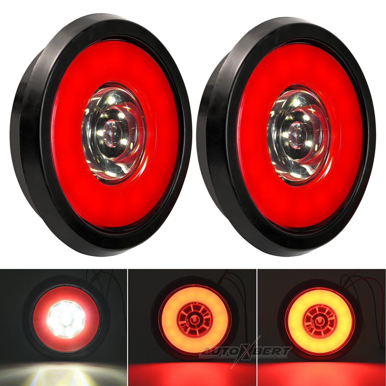 2pcs 4'' Round Red White LED Truck Trailer Brake Stop Tail Reverse Light 12V 24V