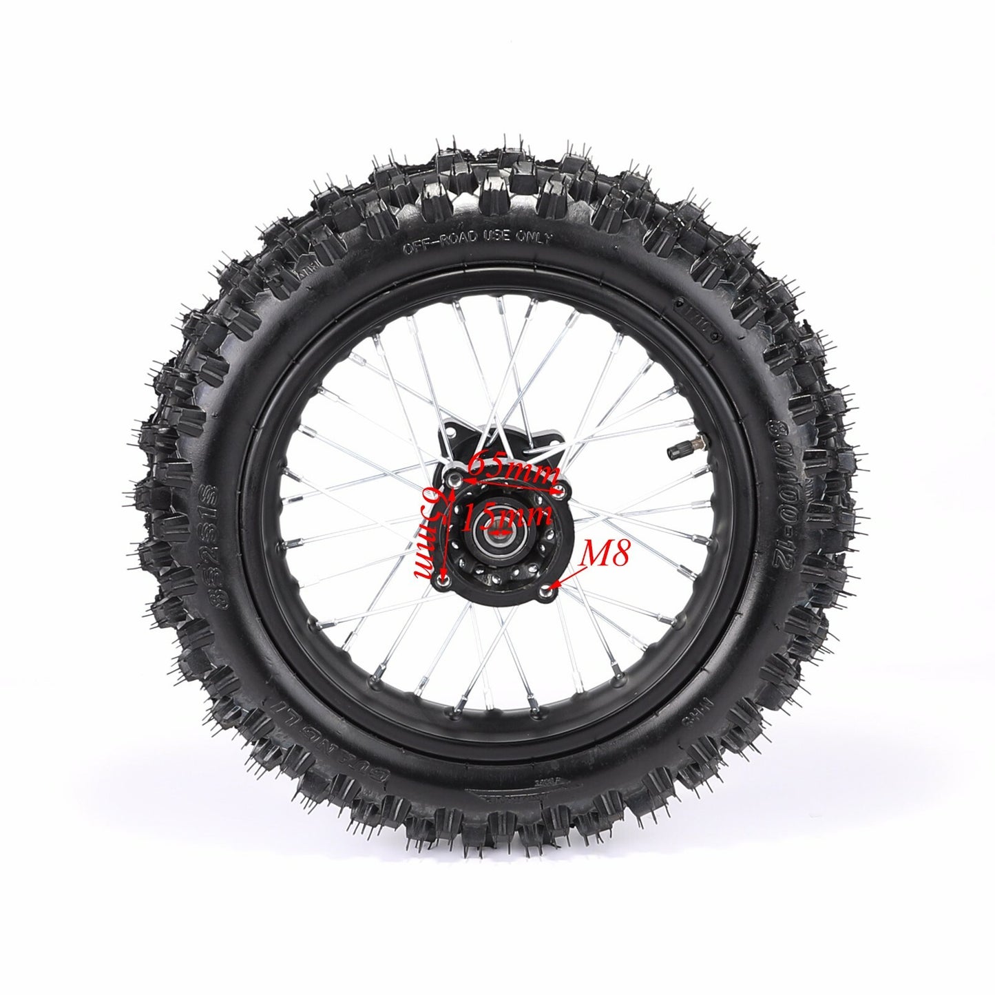 15mm 12-inch rear wheel kit with 80/100-12 rims for Apollo SSR 110cc/125cc Pit bikes.