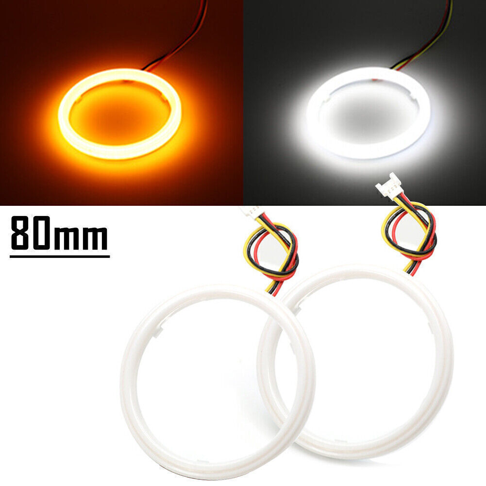 2x White Yellow 80MM Switchback LED Angel Eyes Halo Rings Car Headlight Retrofit